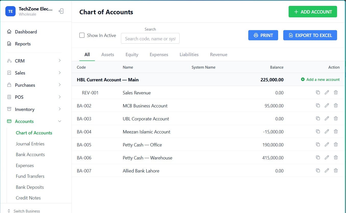 Chart of accounts with bank and cash account balances