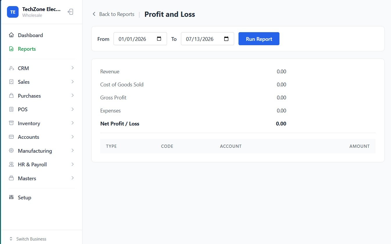 Profit and loss report with date-range filtering