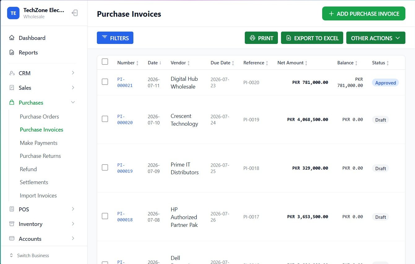 Purchase invoices with vendor tracking