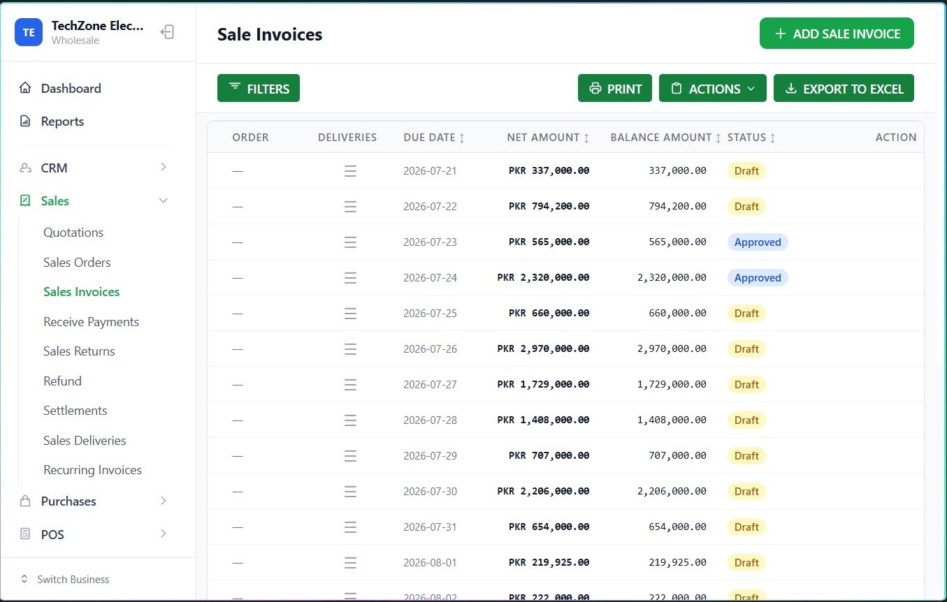 Sales invoices with Draft and Approved status tracking in PKR