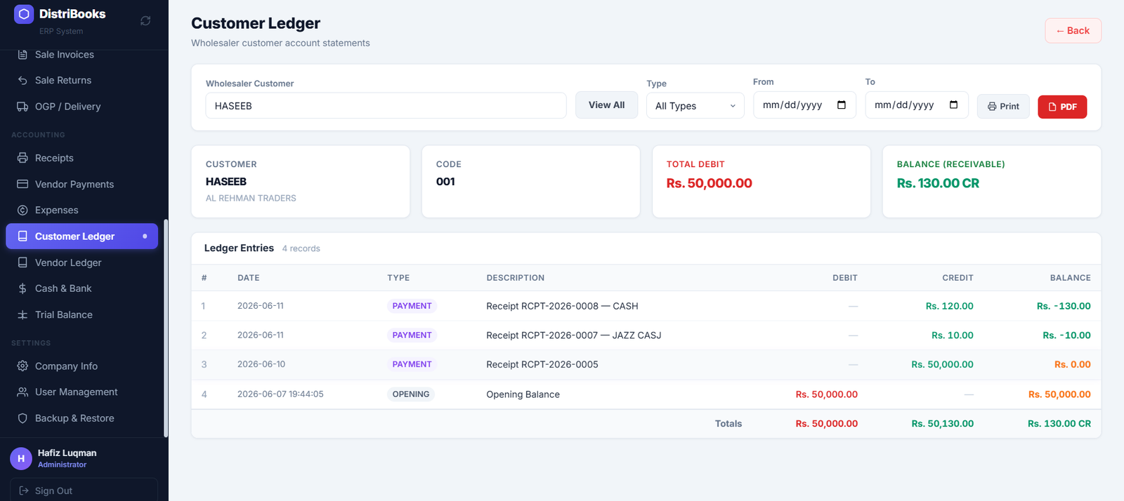 Customer ledger with running debit and credit balances