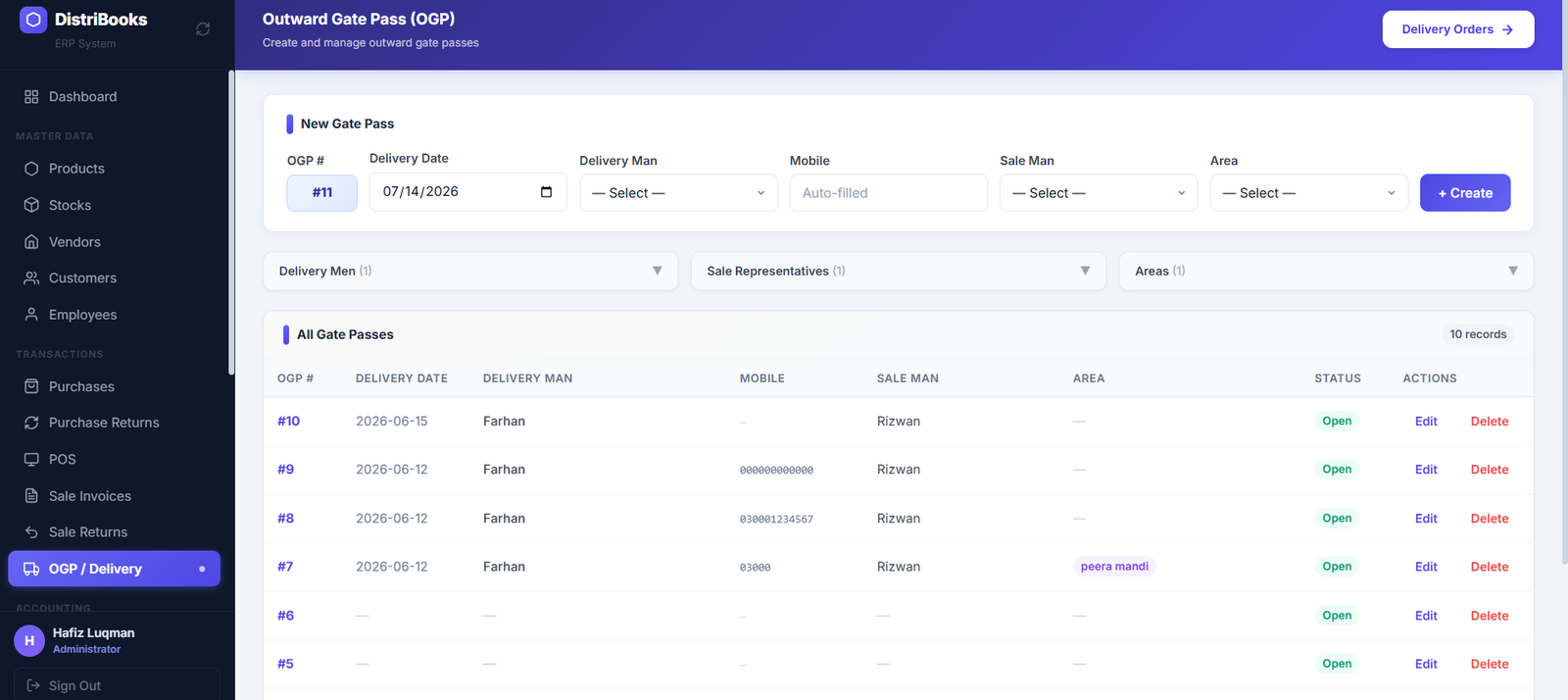 Outward Gate Pass delivery tracking by delivery man, salesman, and area