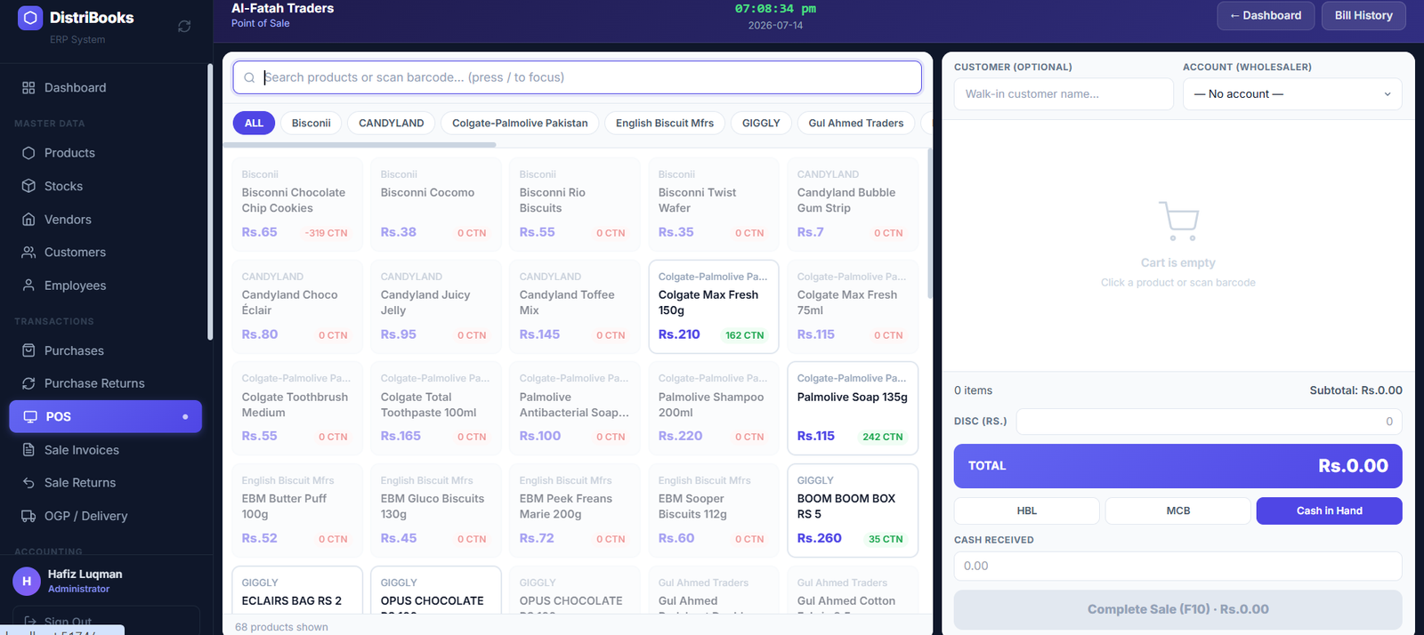 Wholesale-account POS checkout with account selector and payment methods