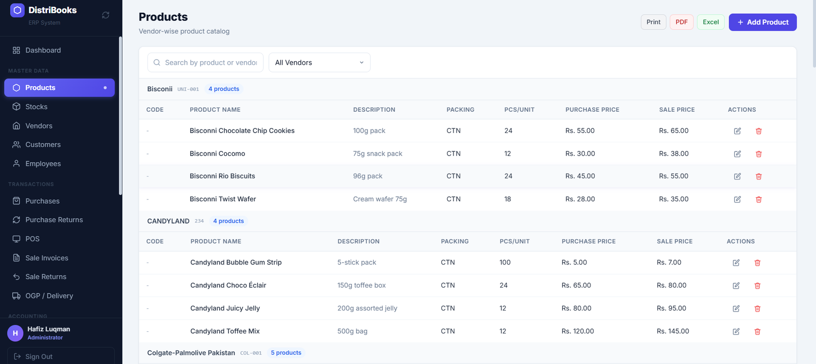 Vendor-wise product catalog grouped by supplier with packing and pricing