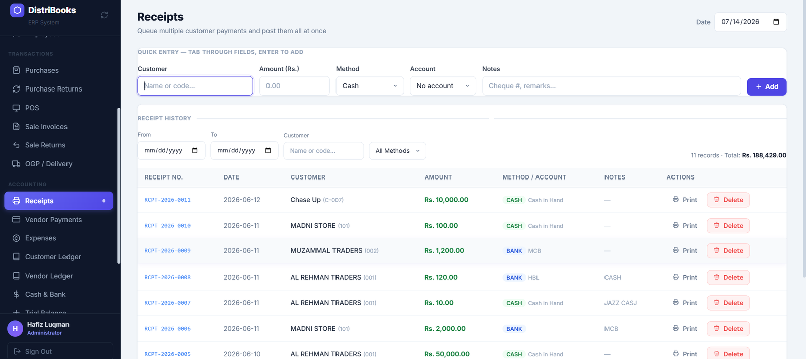Batch receipts queue for recording multiple customer payments