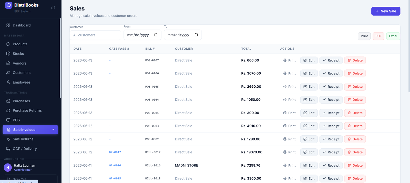 Sales list with gate pass numbers linking sales to deliveries