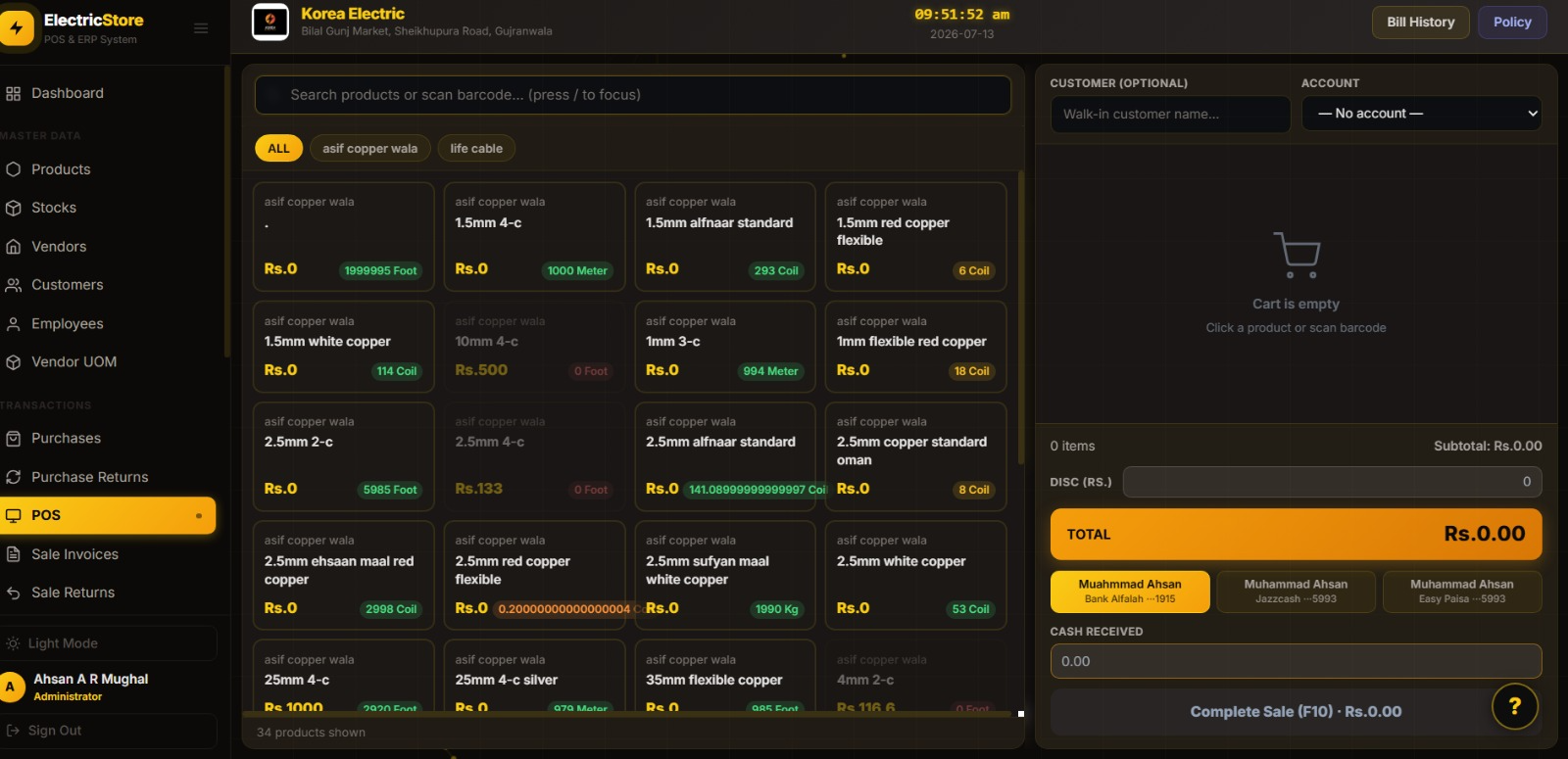 ElectricStore POS checkout with product search, cart, and saved payment accounts