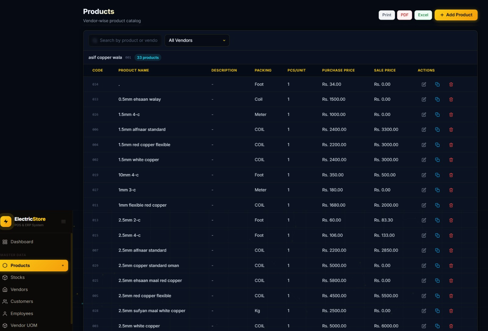 Vendor-wise products catalog with packing units and pricing