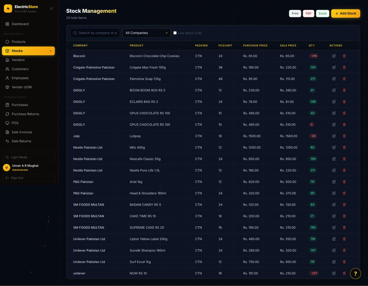 Stock management with vendor-wise inventory and low-stock highlighting